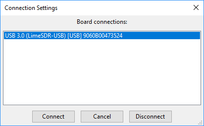 LMS7002 GUI showing Connection Settings window